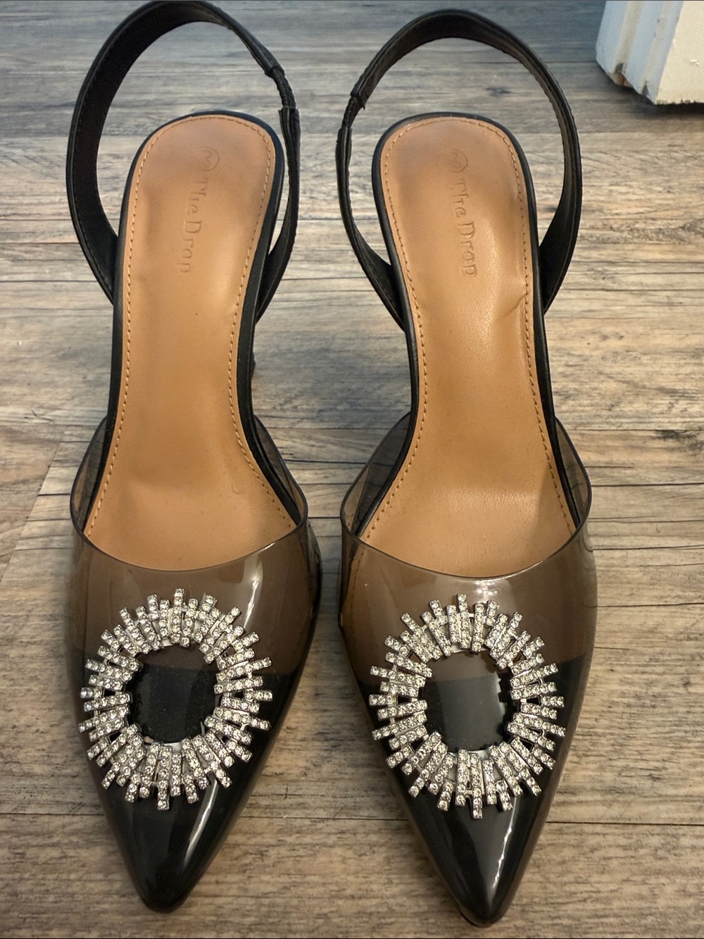 Pointed Black Patent Slingback Heels with Crystal Circle Accent